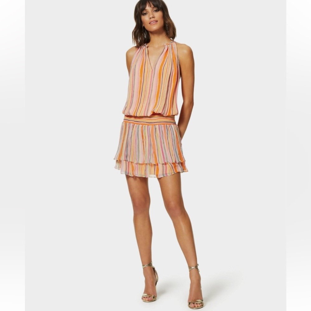 RAMY BROOK Tobie Striped Smocked Waist Sleeveless Orange Silk Mini Dres Size M